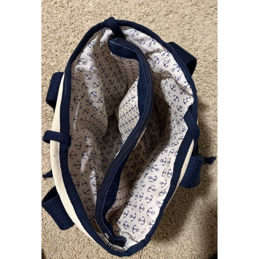 Boat Tote Bag Ivory Blue Matching Wristlet Anchor Print Lining 13”x 10